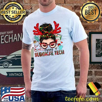 Messy Bun Merry Surgical Tech Lights Red Plaid Merry Christmas Gifts T-Shirt
