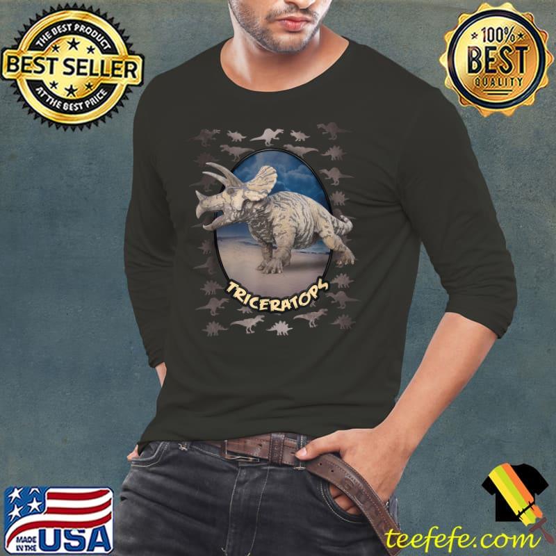 Realistic Triceratops Design Metal Color Dinosaur Pattern T-Shirt Long Sleeve Tee Realistic Triceratops Design Metal Color Dinosaur Pattern T-Shirt Long Sleeve Tee