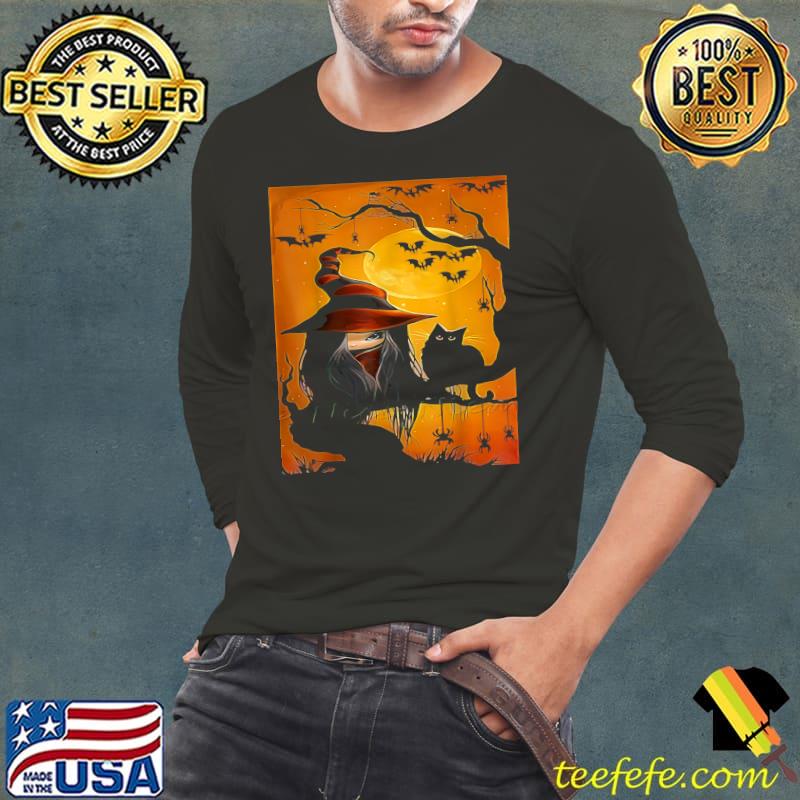 Scary Halloween Witch With Black Cat And Moon Costume T-Shirt Long Sleeve Tee Scary Halloween Witch With Black Cat And Moon Costume T-Shirt Long Sleeve Tee
