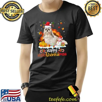 Shih Tzu Santa Hat Turkey Happy Hallothanksmas Halloween Thanksgiving Xmas T-Shirt