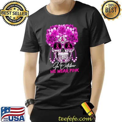 Sugar Skulls With Flower Ribbon In October We Wear Pink Breast Cancer T-Shirt