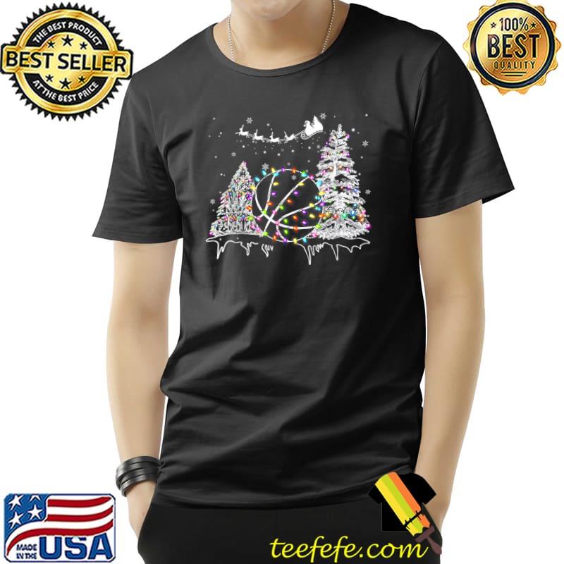 Basketball Santa Hat Reindeer Christmas Tree Lights Xmas T-Shirt