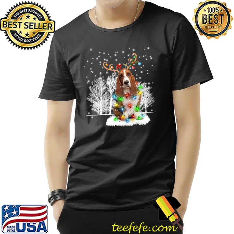 Basset Hound Dog Snow Reindeer Santa Hat Christmas Light Xmas T-Shirt