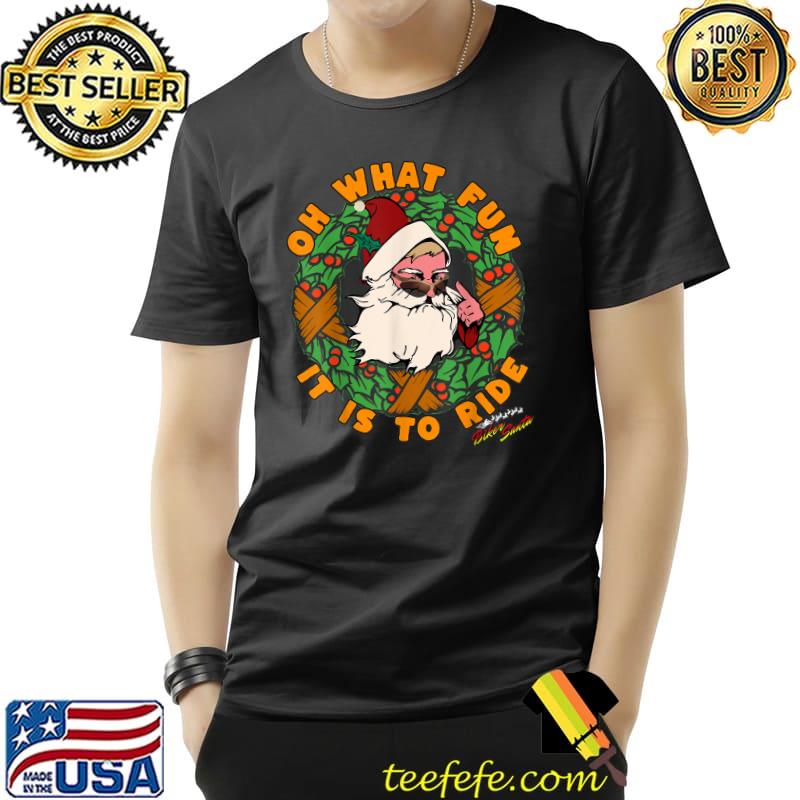Biker santa oh what fun it is to ride wreath christmas T-Shirt