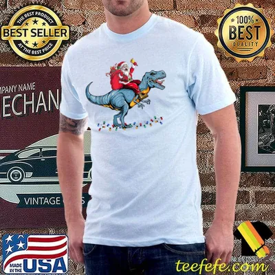 Christmas Boy Santa Riding Dinosaur T Rex Xmas Lights T-Shirt