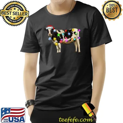 Christmas Cow Heifer Santa Hat Lights Matching Cow Lovers T-Shirt