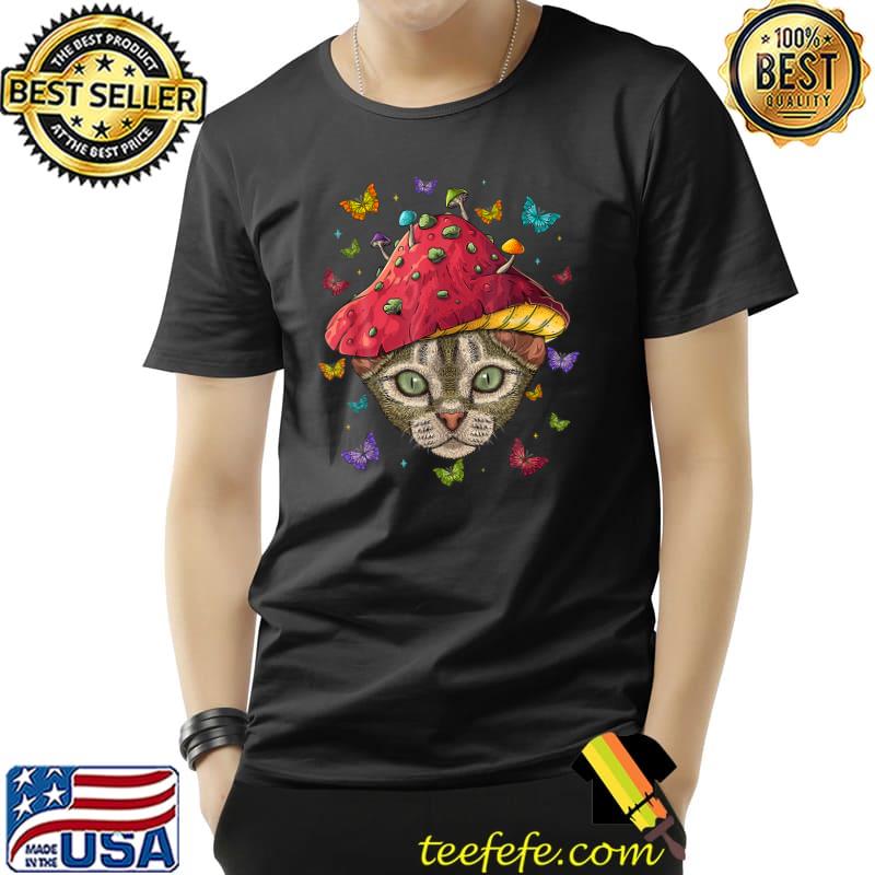 Cottagecore Devon Rex Aesthetic Mushroom Cat Cute Goblincore Butterflies T-Shirt