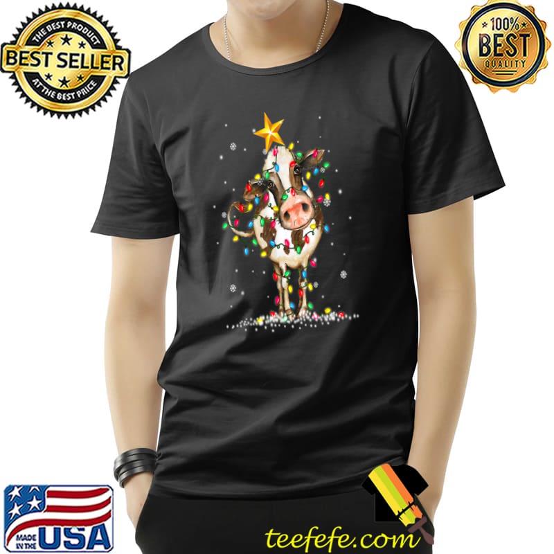 Cow Reindeer Santa Hat Christmas Lights Cow Xmas T-Shirt