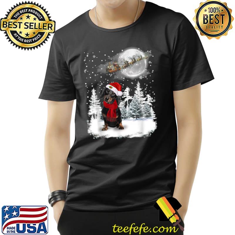 Dachshund Dog Wear Santa Hat Under Moonlight Snow Christmas Pajama T-Shirt