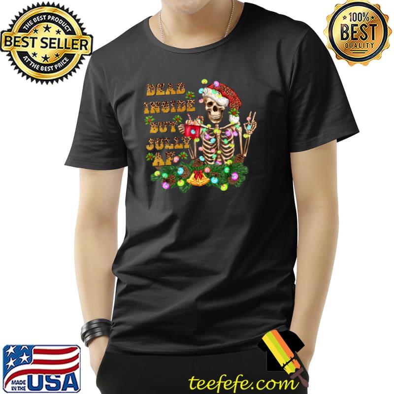 Dead Inside But Jolly Af Merry Christmas Skeleton Skull Santa Hat Lights Leopard T-Shirt