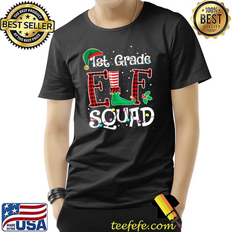 Elf Squad 1st Grade Christmas Teacher Students Red Plaid Lights T-Shirt