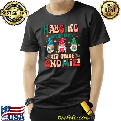 Hanging With My 4th Grade Gnomies Teacher Gnome Retro Groovy Christmas T-Shirt