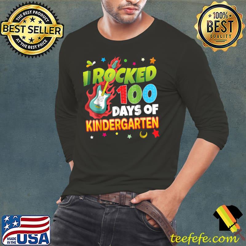 I Rocked 100 Days Of Kindergarten 100th Day School Guitar Fire T-Shirt Long Sleeve Tee I Rocked 100 Days Of Kindergarten 100th Day School Guitar Fire T-Shirt Long Sleeve Tee