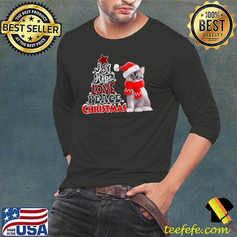 Joy Hope Love Peace Christmas Red Buffalo Plaid Cute Cat Santa Hat T-Shirt Long Sleeve Tee Joy Hope Love Peace Christmas Red Buffalo Plaid Cute Cat Santa Hat T-Shirt Long Sleeve Tee