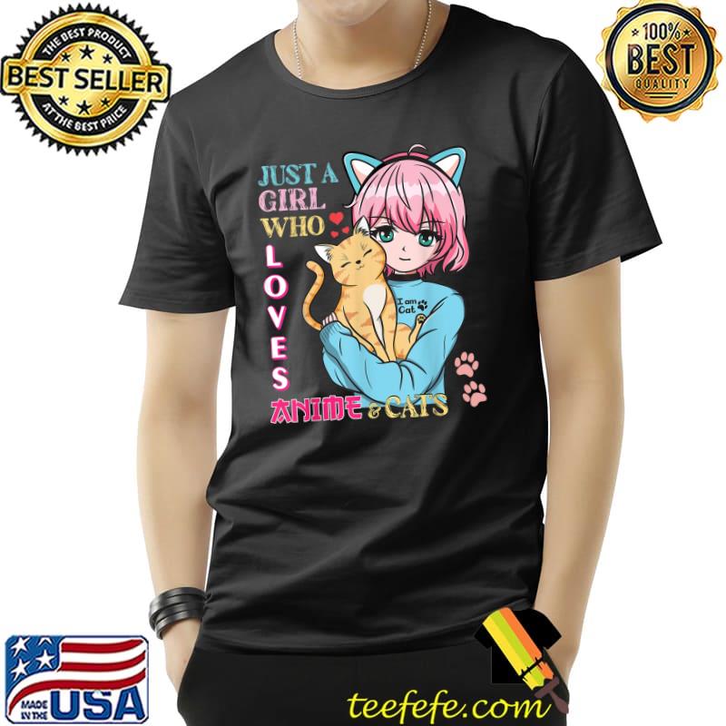 Just A Girl Who Loves Anime & Cats Cute Kids Teen Girls Paw Cats T-Shirt