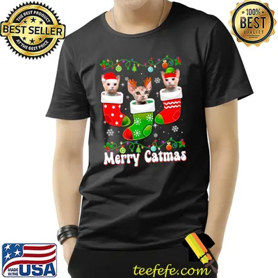 Merry Catmas Three Devon Rex Cat In Sock Christmas Lights T-Shirt