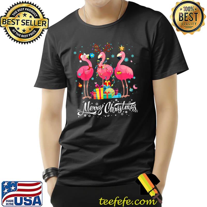 Merry Christmas Flamingo Lights Santa Hat Sweater And Gifts Xmas T-Shirt