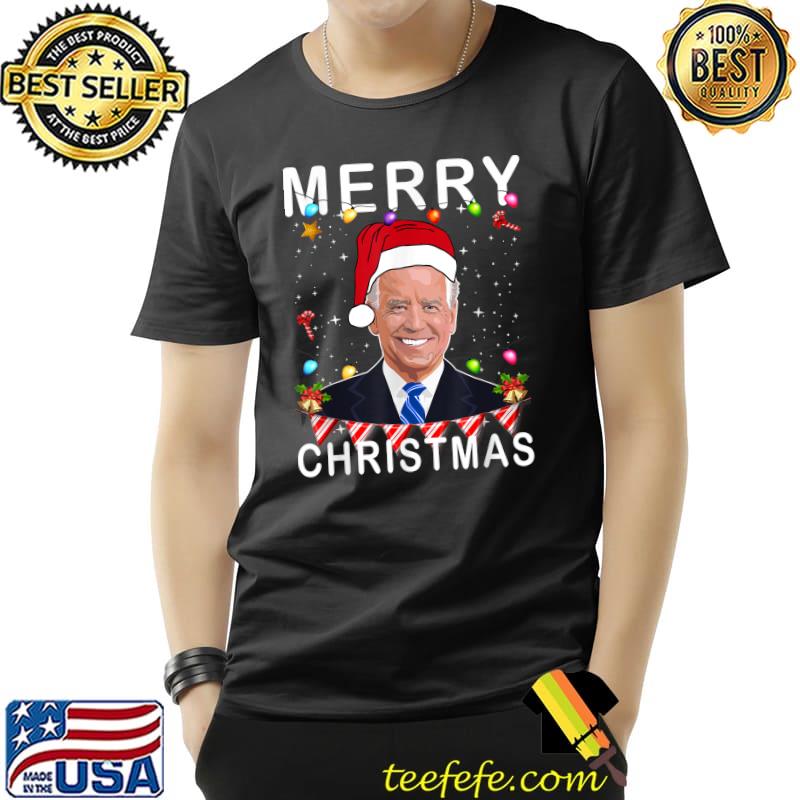 Merry Christmas Joe Biden With Santa Hat And Lights Christmas 2022 T-Shirt