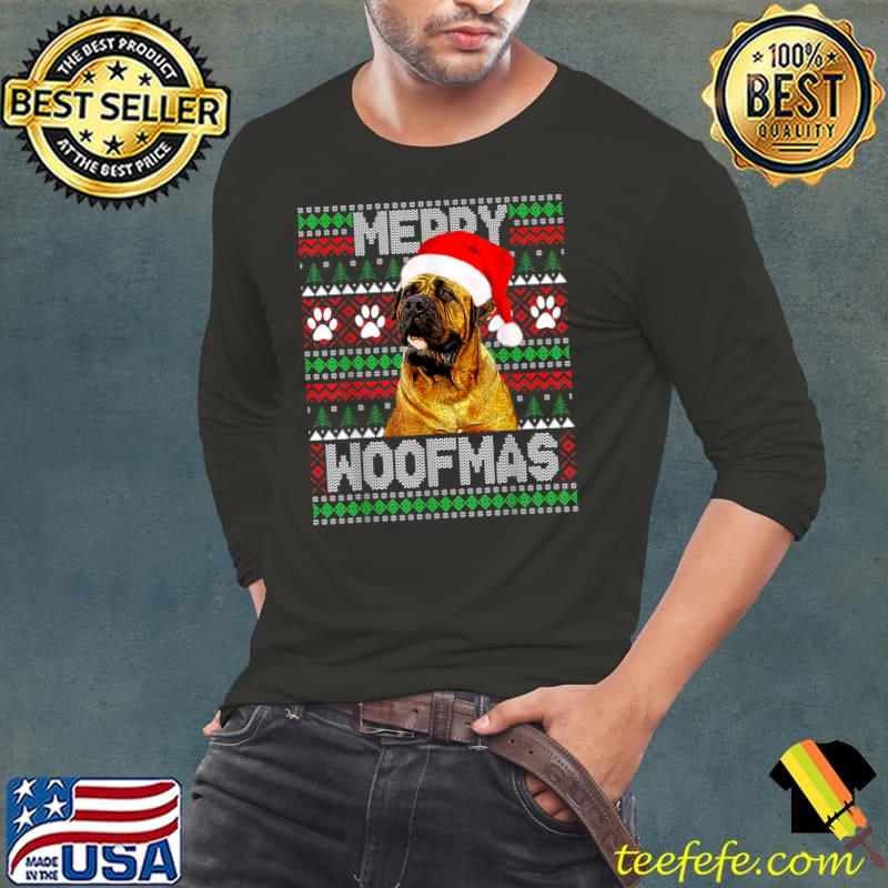 Merry Woofmas French Mastiff Dog Wear Santa Hat Ugly Sweater T-Shirt Long Sleeve Tee Merry Woofmas French Mastiff Dog Wear Santa Hat Ugly Sweater T-Shirt Long Sleeve Tee