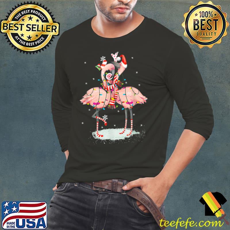 Two flamingo with santa hat and lights merry christmas T-Shirt Long Sleeve Tee Two flamingo with santa hat and lights merry christmas T-Shirt Long Sleeve Tee