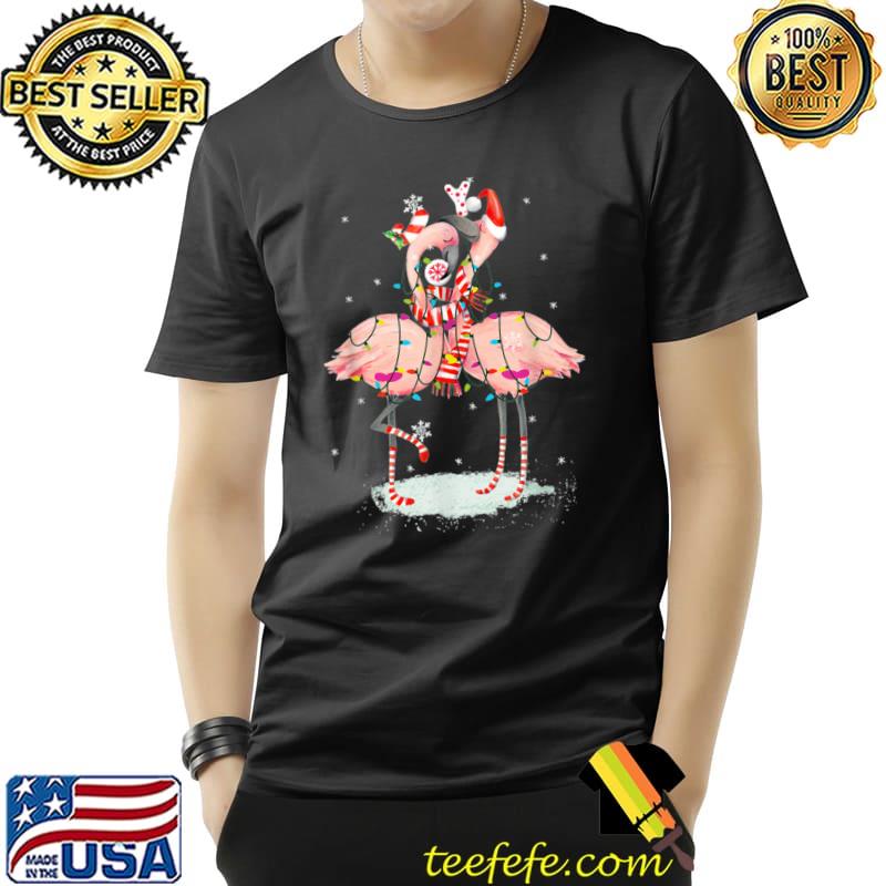 Two flamingo with santa hat and lights merry christmas T-Shirt
