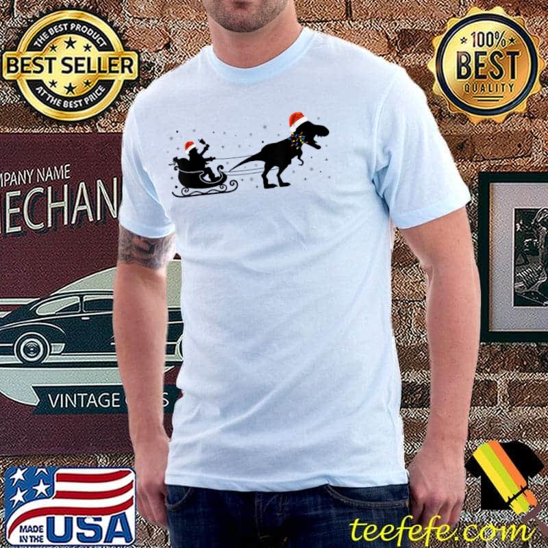 Dinosaur Santa Hat With Lights Christmas Santa On Sleigh T-Shirt