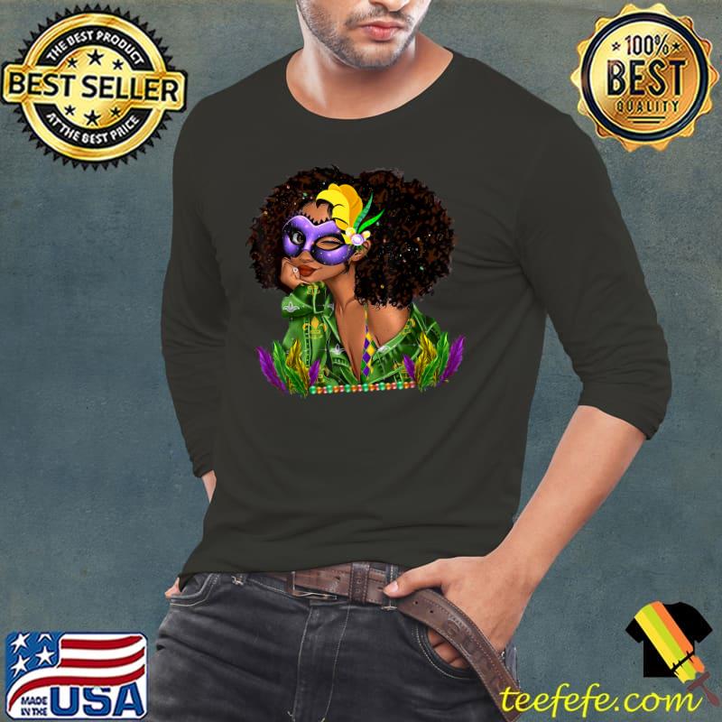 Mardi Gras Black Woman Curly Hair Wink Eye Mask Gift T-Shirt