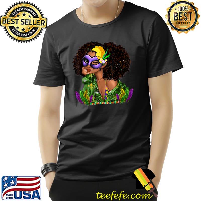 Mardi Gras Black Woman Curly Hair Wink Eye Mask Gift T-Shirt Unisex Mardi Gras Black Woman Curly Hair Wink Eye Mask Gift T-Shirt Unisex