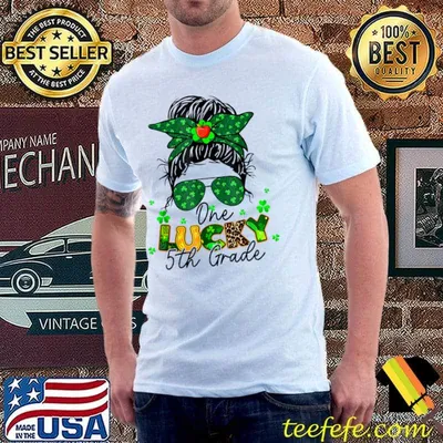 One Lucky 5th Grade Leopard Teacher Messy Bun Sunglasses Shamrocks St Patrick's Day T-Shirt