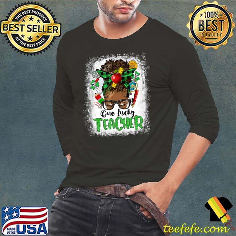 One Lucky Teacher Afro Messy Bun Plaid Patrick's Day Shamrock T-Shirt Long Sleeve Tee One Lucky Teacher Afro Messy Bun Plaid Patrick's Day Shamrock T-Shirt Long Sleeve Tee
