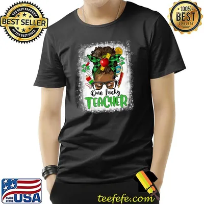 One Lucky Teacher Afro Messy Bun Plaid Patrick's Day Shamrock T-Shirt