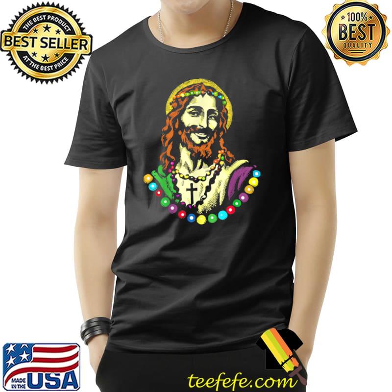 Smiling Mardi Gras Jesus With Beads T-Shirt Unisex Smiling Mardi Gras Jesus With Beads T-Shirt Unisex