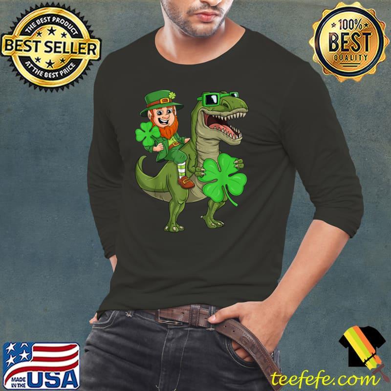 St Patricks Day Leprechaun Riding T Rex Dino T-Shirt