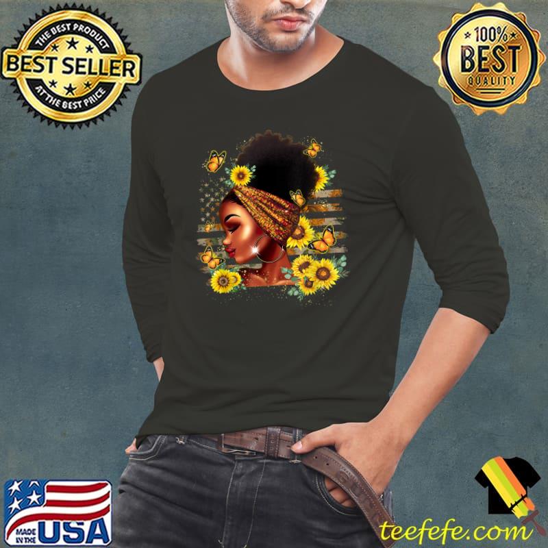 Sunflower Black Girl Queen Black History Month Juneteenth American Flag T-Shirt