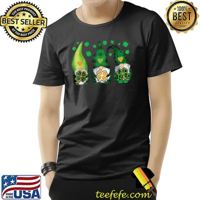 Three Gnomes Holding Shamrock Leopard Plaid St Patrick's Day T-Shirt