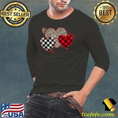 Three Heart Valentines Day Cool Hearts Love Leopard Plaid T-Shirt