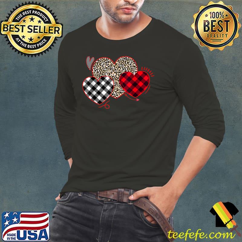 Three Heart Valentines Day Cool Hearts Love Leopard Plaid T-Shirt