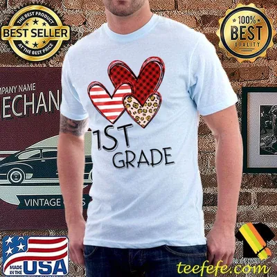 Valentines Day Leopard 1st Grade Teacher Buffalo Plaid Girl T-Shirt