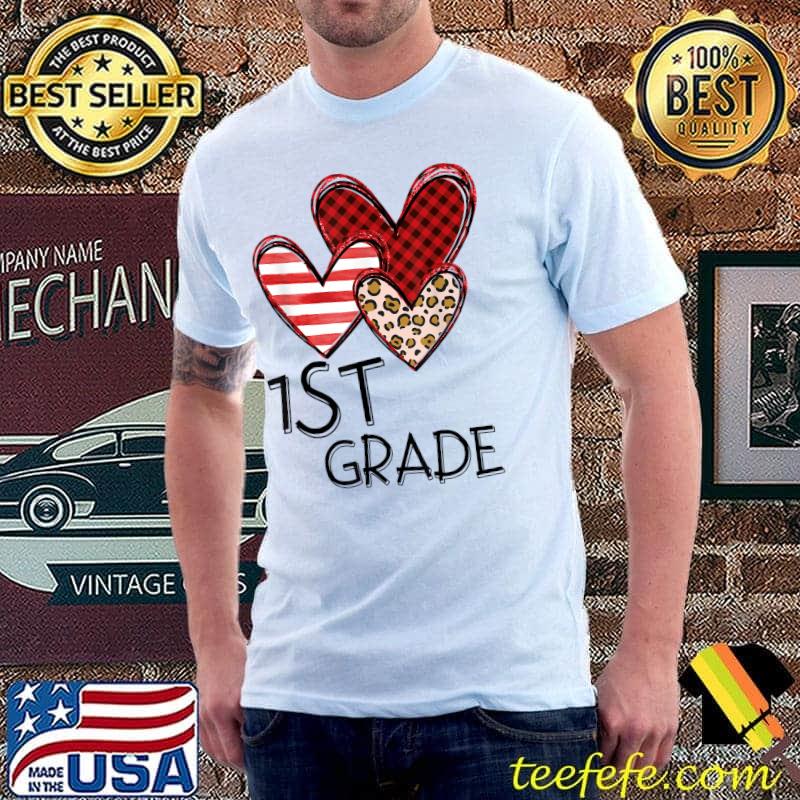 Valentines Day Leopard 1st Grade Teacher Buffalo Plaid Girl T-Shirt