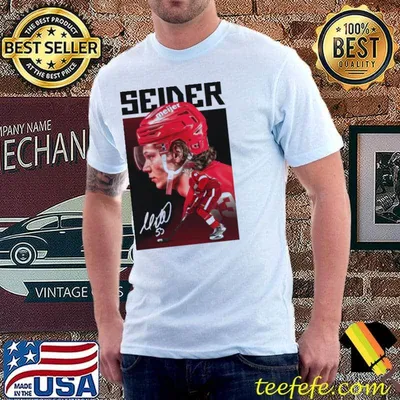 White signature moritz seider detroit red wings shirt