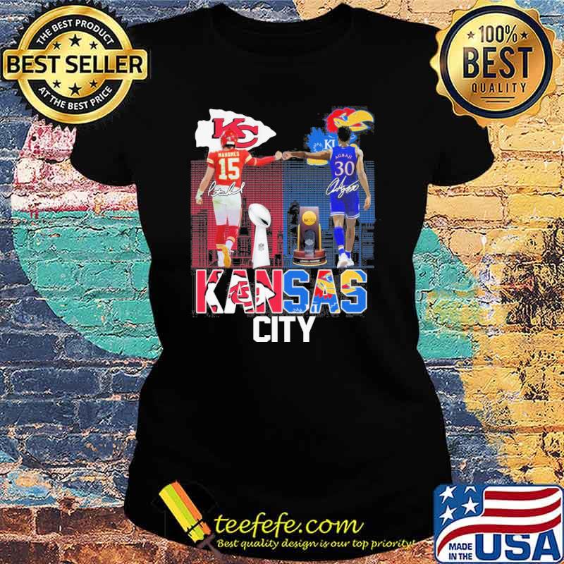 Kansas Chiefs and Kansas basketball cup Mandnes and agbaji signatures s Ladies tee Kansas Chiefs and Kansas basketball cup Mandnes and agbaji signatures s Ladies tee