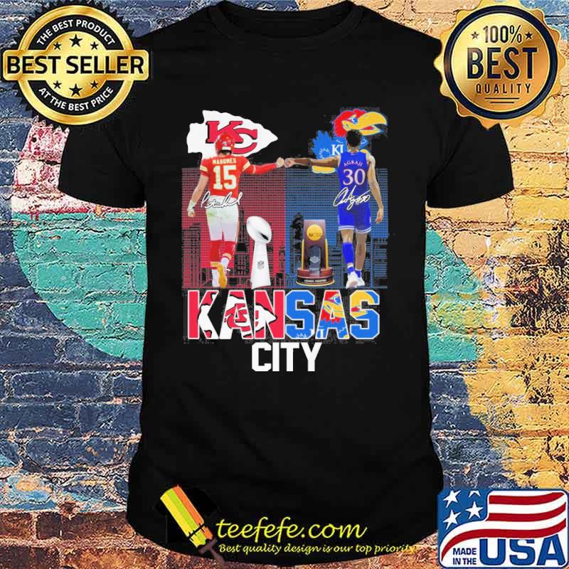 Kansas Chiefs and Kansas basketball cup Mandnes and agbaji signatures shirt