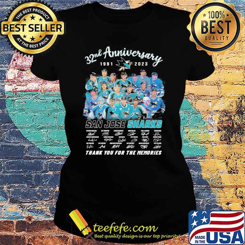 32nd anniversary 1991-2023 San Jose Sharks thank you for the memories signatures s Ladies tee 32nd anniversary 1991-2023 San Jose Sharks thank you for the memories signatures s Ladies tee