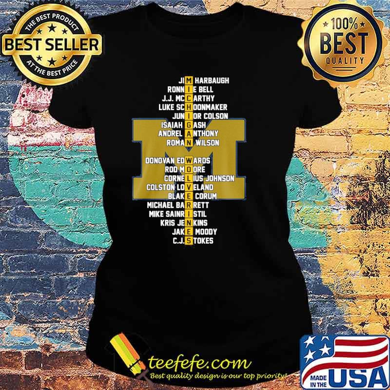 Michigan Wolverines Jim Harbaugh Ronnie Bell J.J. Mccarthy s Ladies tee Michigan Wolverines Jim Harbaugh Ronnie Bell J.J. Mccarthy s Ladies tee