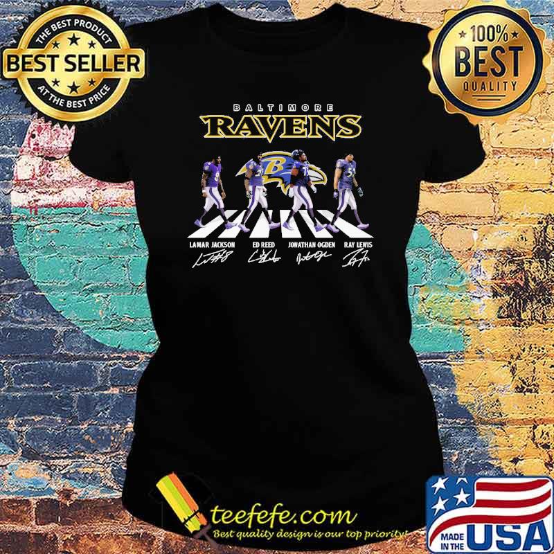 Baltimore Ravens Lamar Jackson Ed Reed signatures Walking Abbey Road s Ladies tee Baltimore Ravens Lamar Jackson Ed Reed signatures Walking Abbey Road s Ladies tee