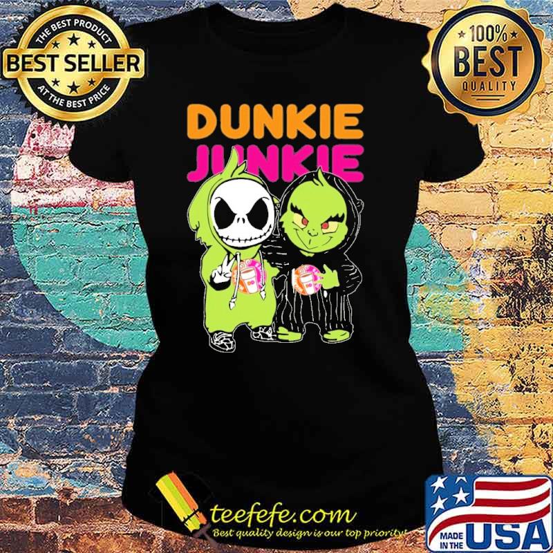Dunkin' Donuts Dunkie Junkie Grinch and jack skellington s Ladies tee Dunkin' Donuts Dunkie Junkie Grinch and jack skellington s Ladies tee