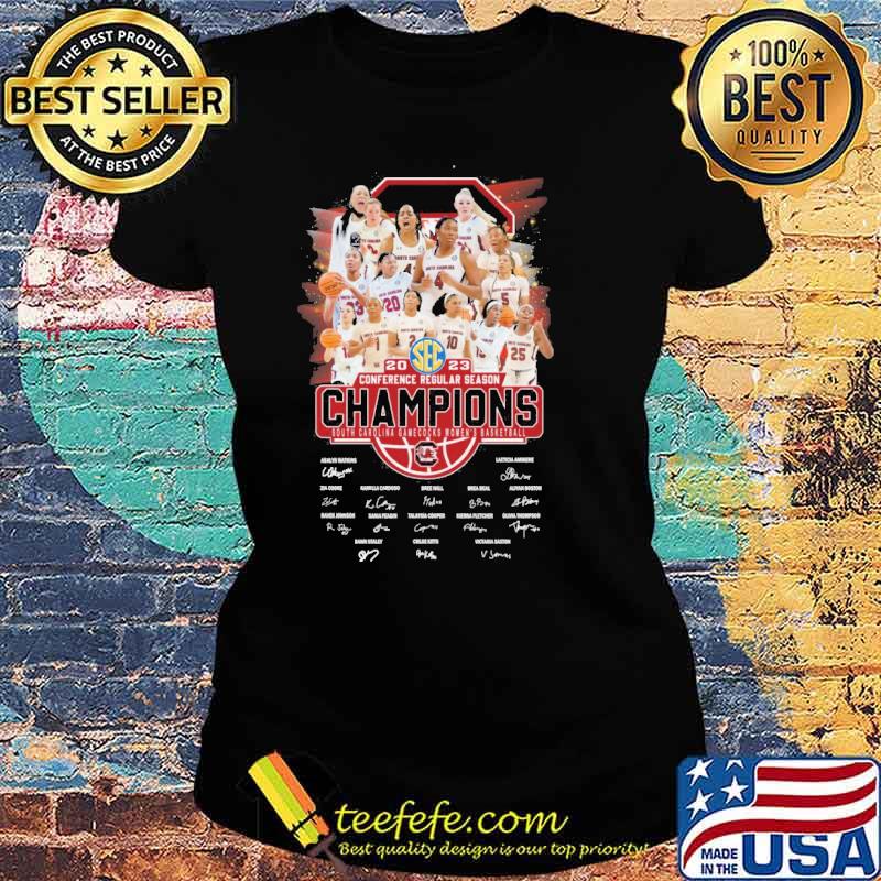 Funny 2023 conference regular season champions South carolina gamecocks women's basketball signatures s Ladies tee Funny 2023 conference regular season champions South carolina gamecocks women's basketball signatures s Ladies tee