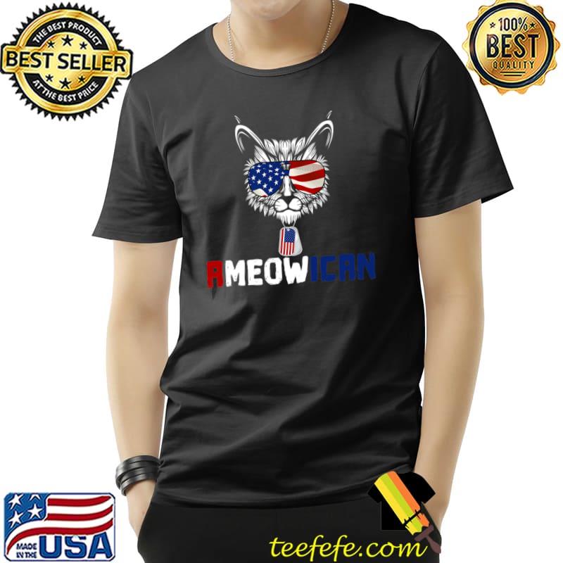 Ameowica Proud Patriot Cat Lover Us Sunglasses Flag American T-Shirt