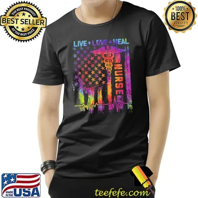 Live Love Heal American US Flag Heartbeat Watercolor Nurse Day T-Shirt