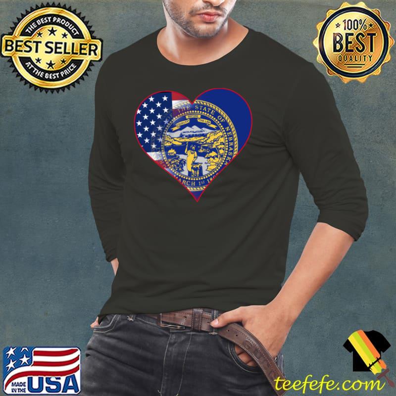 Nebraska Flag and American Flag Fusion Heart T-Shirt Long Sleeve Tee Nebraska Flag and American Flag Fusion Heart T-Shirt Long Sleeve Tee
